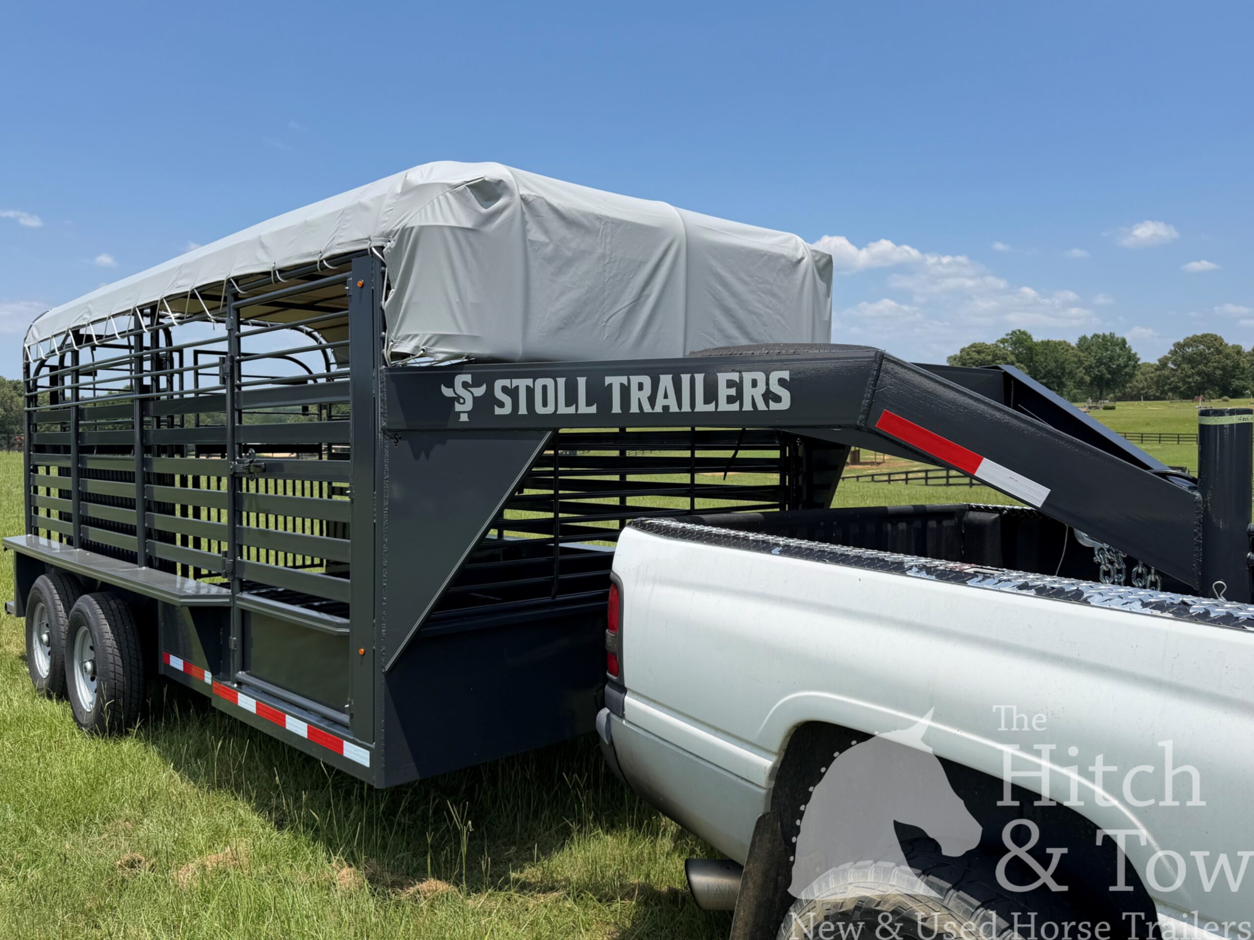 2026 16′ LIVESTOCK STOLL TRAILER W/ TUBE SIDES AND GRAY CANVAS TOP $16,450